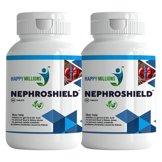 HappyMillions NephroShield Tablets Kidney Health & Detox Support Helps Prevent Stones & Urinary Tract Infections 2 Tablets Daily For Healthcare Advised 60 + 60 Tablets