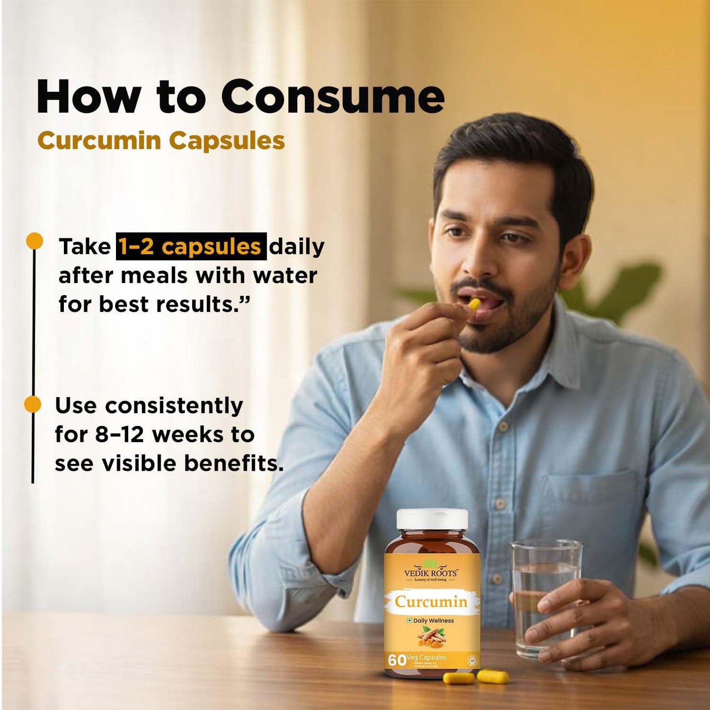 VedikRoots Curcumin Tablets with Piperine and 95% Curcuminoids | Anti-inflammatory Supplement for Adults | Turmeric, Ginger & Black Pepper | 60 Veg Capsules