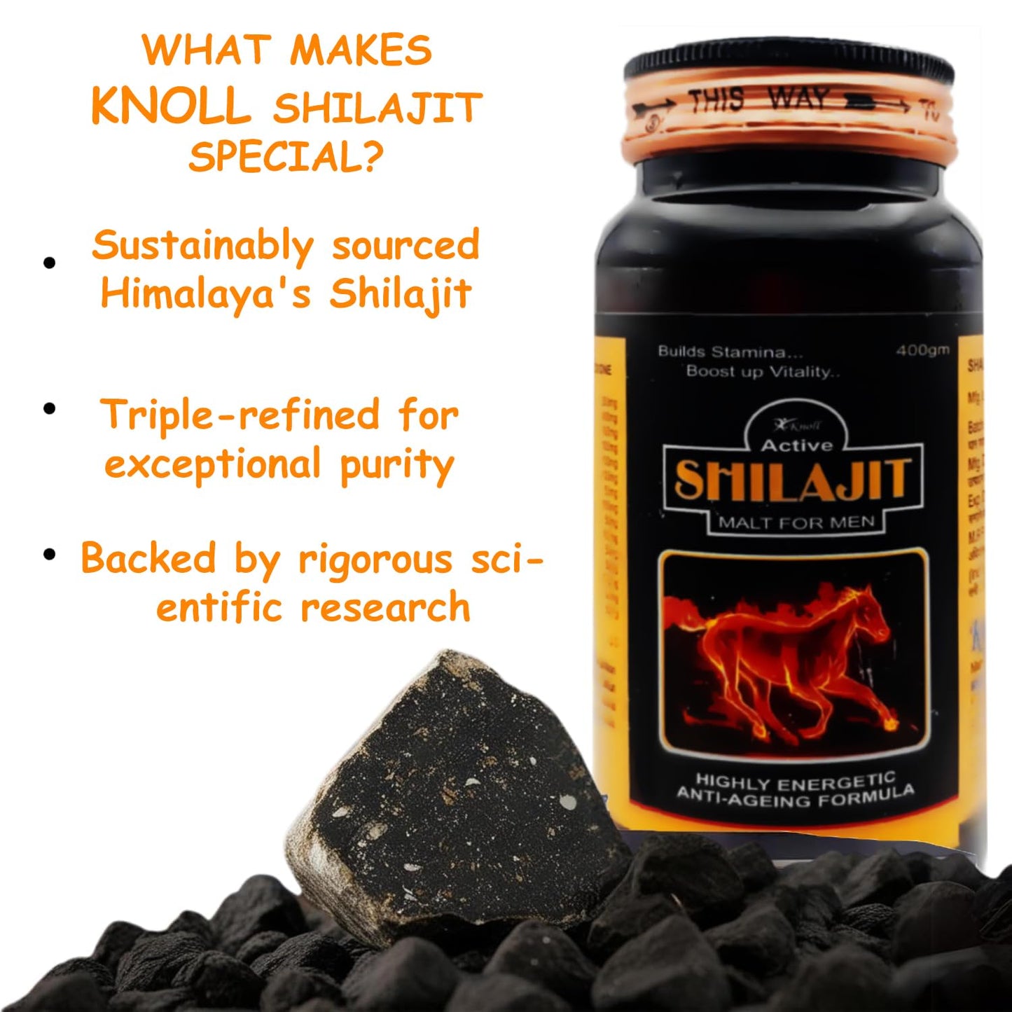 Knoll Healthcare Shilajit/Shilajeet Energy Made with 100% Pure with Ashwagandha for All Day Energy & Stamina for Men Highly Energetic Booster Daily tracker 400g Shilajit Malt Bottle Pack Of 1
