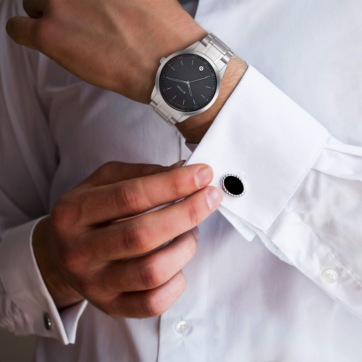 Titan Minimalist Quartz Analog With Date Anthracite Dial Silver Metal Strap Watch for Men - NP1806SM02