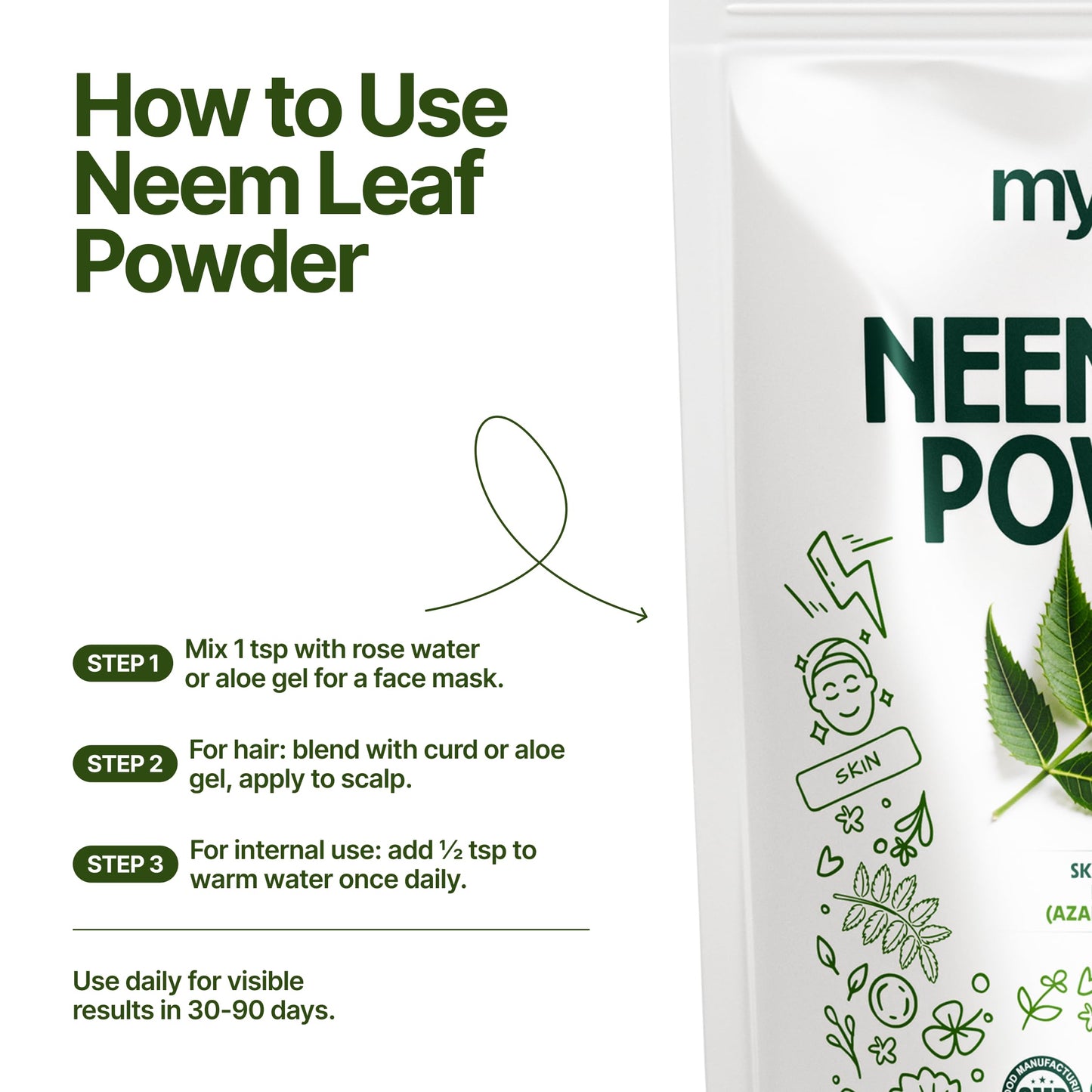 MYHERB 100% Natural Neem Leaf Powder || 227 Gm/0.5 Lbs || Healthy Hair & Hair Cleanser || Skin Face Packs || For Man And Women