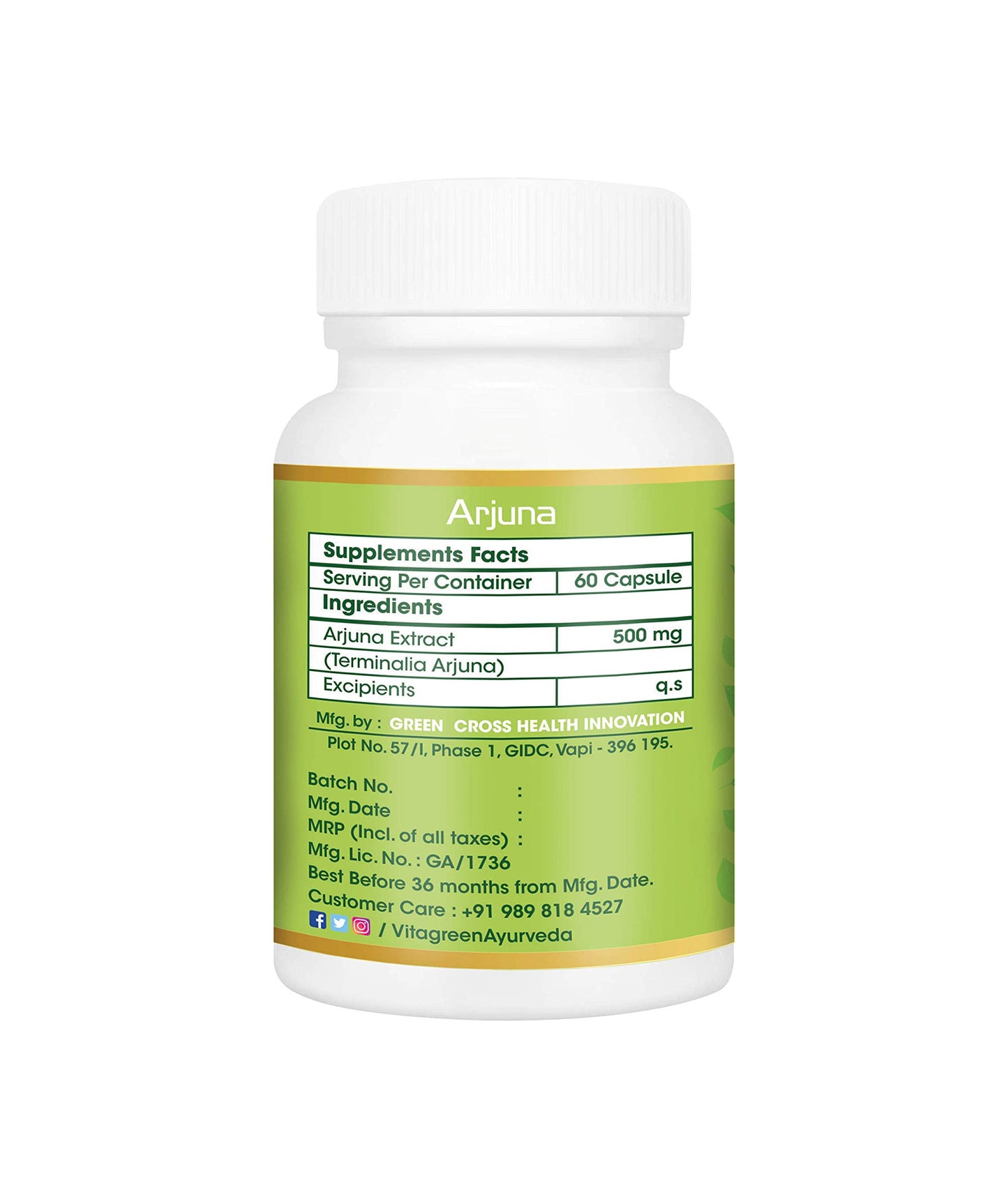 taGreen ARJUNA Capsules for Cholesterol & Healthy Heart, Pure Ayurvedic, Natural, Herbal Supplement, 500 mg , 60 Capsules Pack - Total 180 Capsules (Pack of 3)