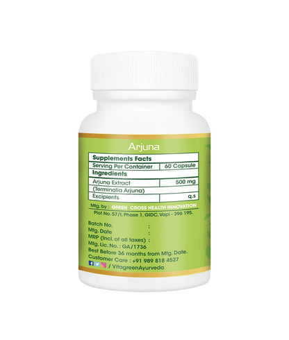 taGreen ARJUNA Capsules for Cholesterol & Healthy Heart, Pure Ayurvedic, Natural, Herbal Supplement, 500 mg , 60 Capsules Pack - Total 180 Capsules (Pack of 3)