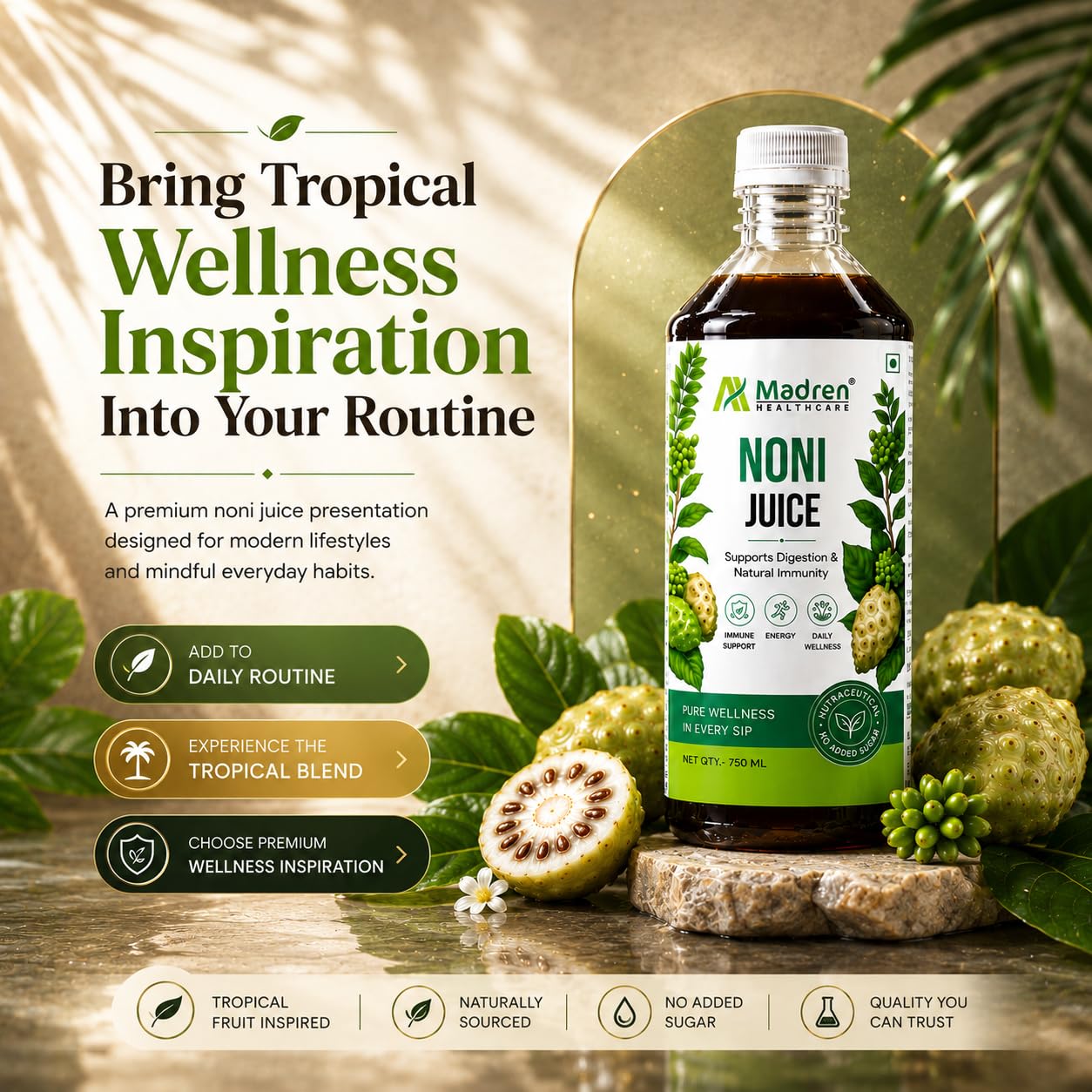 Madren Healthcare Ayurvedic Noni Juice 750ml | Rich in Antioxidants for Immunity & Energy Support | Natural Detox Juice | Supports Overall Wellness & Vitality | No Added Sugar | Daily Health Supplement for Men & Women