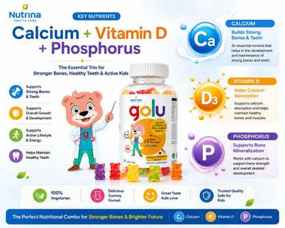 Nutrina Health Labs Golu Vegetarian Calcium+Vitamin D Gummy for Kids (5-13 years) for Strong Bones Teeth and Healthy Muscles, Nut free, Gelatin Free | 30 Gummies (1 Bottle of 30 Gummies)