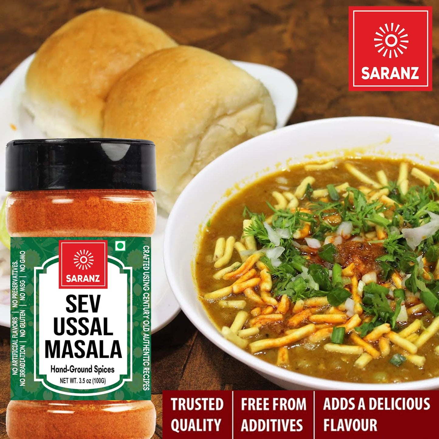 SARANZ Sev Ussal Masala Perfect for Cooking, Ready to Use, No added colours, Spice Powders and Masalas, Premium Artisanal Spices with Rich & Strong Flavour-100 Grams Bottle
