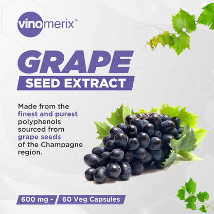 Vinomerix - Antioxidant, Grape seed extract | 95% Polyphenols | Helps in reducing blood pressure, oxidative stress and improve blood circulation | 600 mg - 60 Veg Capsules