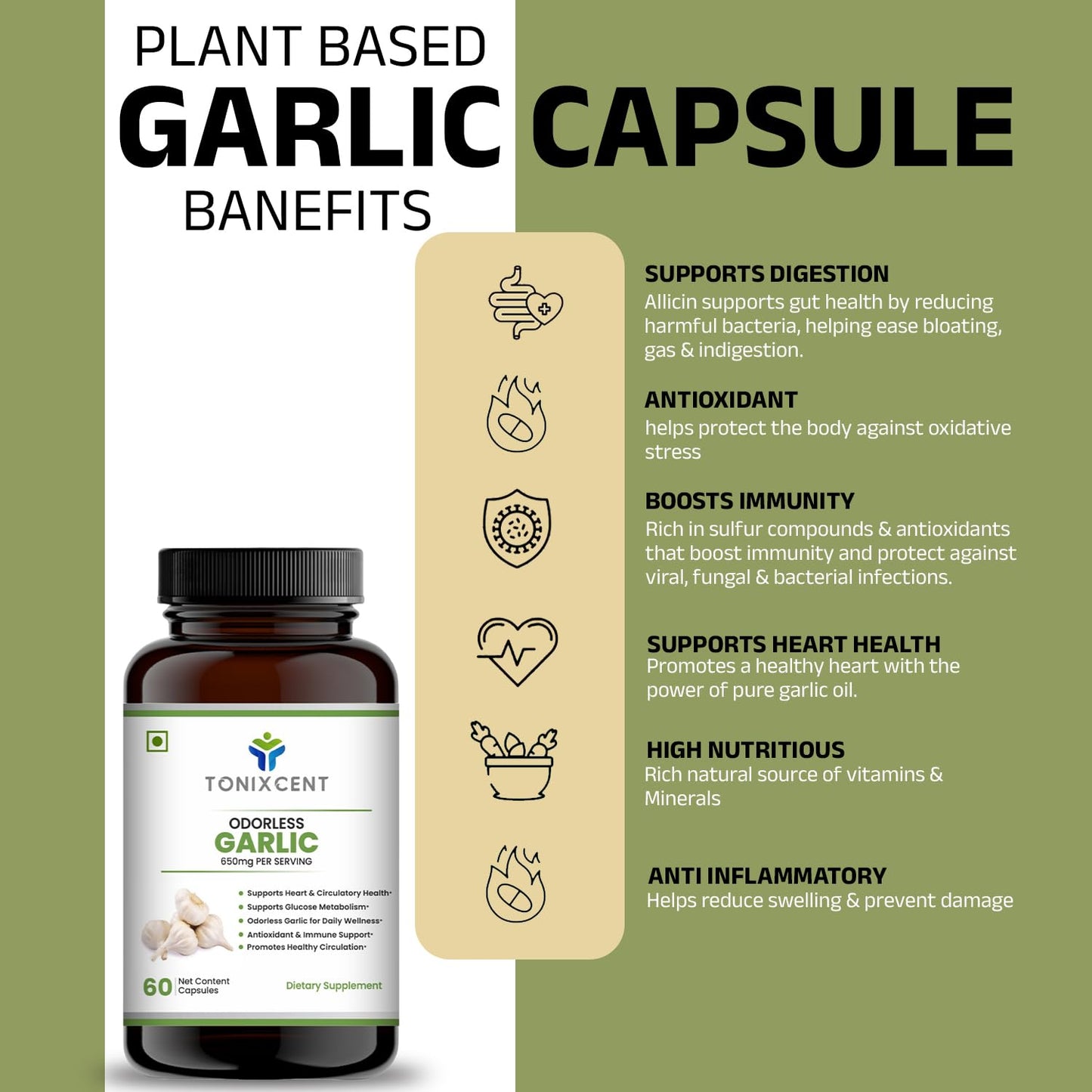 TONIXCENT Odorless Garlic Capsules 650mg with Natural Extract, Daily Heart & Circulatory Support, Antioxidant & Immunity Support Supplement, Odor-Free Garlic for Wellness, Veg Capsules for Men & Women – 60 Count