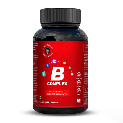 CUREFOREVER Vitamin B Complex Tablets | with B1, B2, B5, B6, Biotin & B12 | Energy, Metabolism & Immunity Support | Healthy Hair, Skin & Nails | Vegan B Complex for Men & Women – 60 Tablets