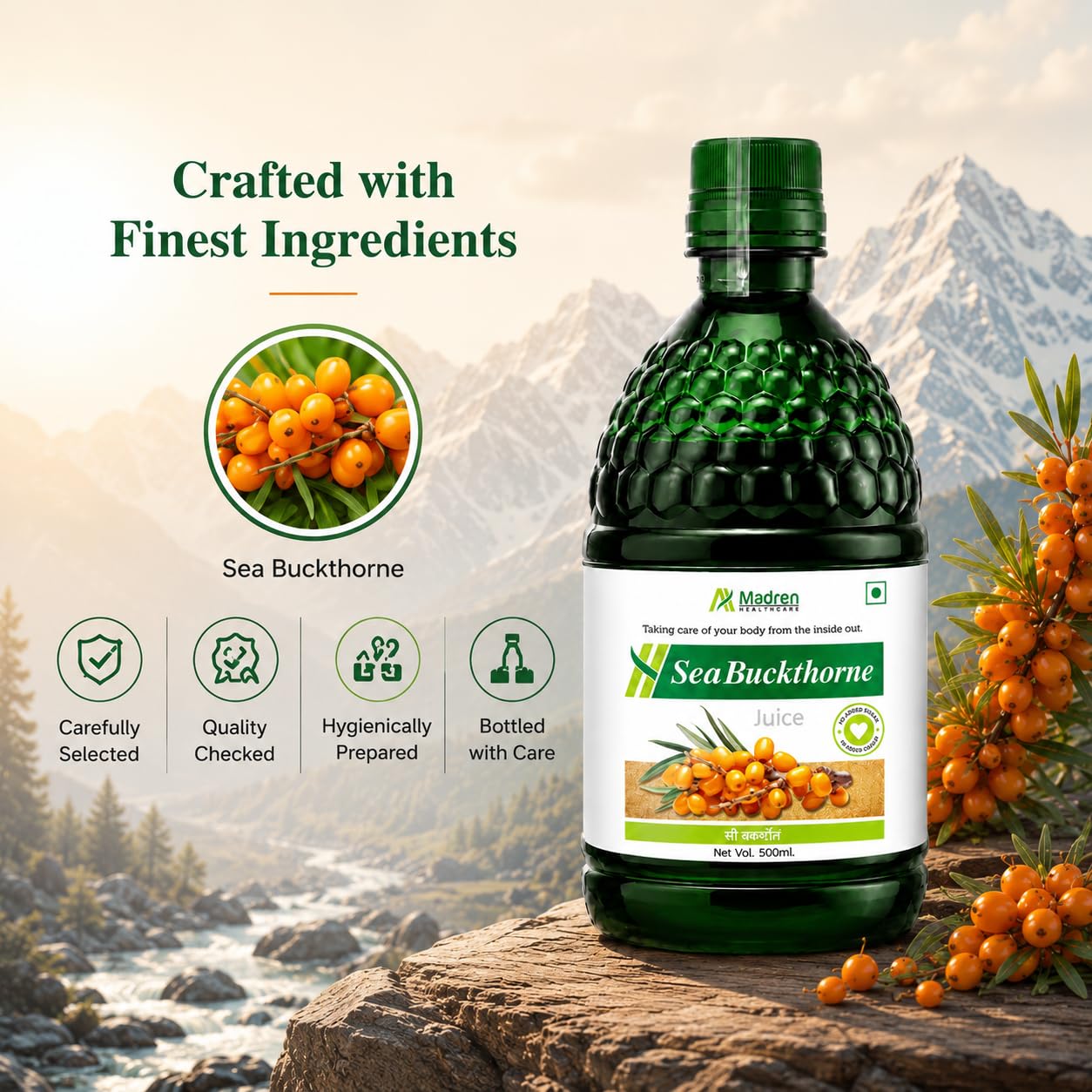 Madren Healthcare Sea Buckthorn Juice 500ml | Clinically Tested Himalayan Sea Buckthorn Berry Juice | Rich in Omega 3 6 7 9, Vitamin C & Antioxidants | Supports Skin Care, Immunity & Body Detox | Pulp Based | No Added Sugar