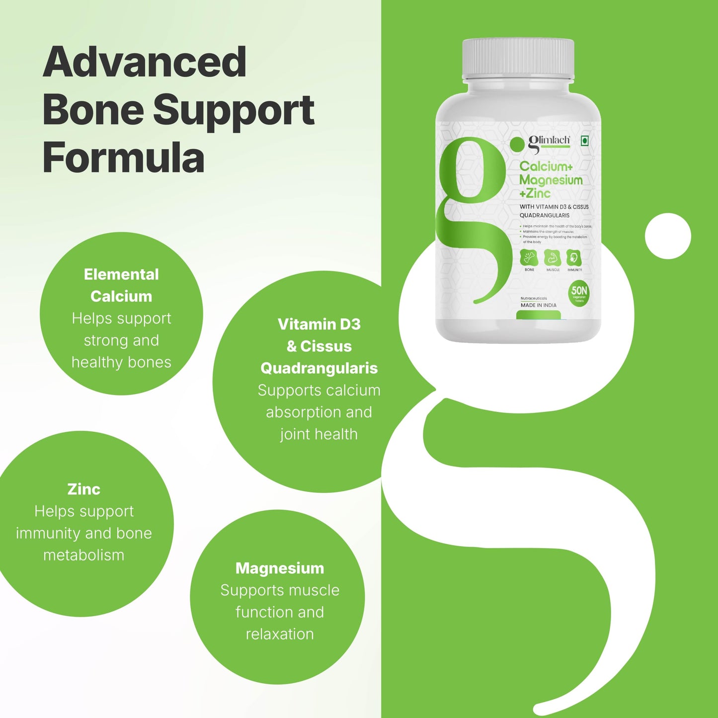 GLIMLACH Calcium Magnesium Zinc with Vitamin D3 | Nutrient Tablets for Men and Women | Combination of Minerals and Vitamin D3 Tablets | Mineral and Vitamin Tablet Pack | 50 Tablets Pack