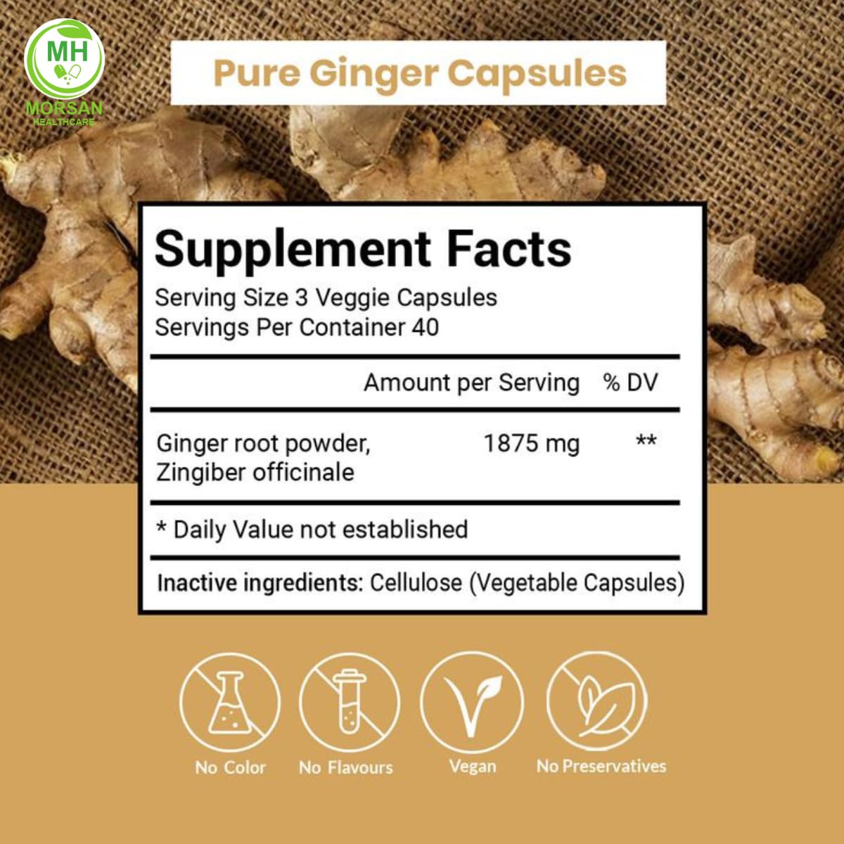 MORSAN HEALTHCARE | Ginger Capsules 500mg – 60 Count | 1 Pack | Vegetarian | Plant-Based | Herbal Supplement | No Artificial Additives | Gluten Free | Organic |