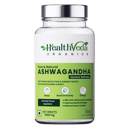 HEALTH VEDA ORGANICS PRIVATE LIMITED Ashwagandha 1000Mg | High Strength Potent Formula | Boosts Immunity & Energy | Rejuvenates Mind & Body | 60 Veg Tablets | For Both Men & Women