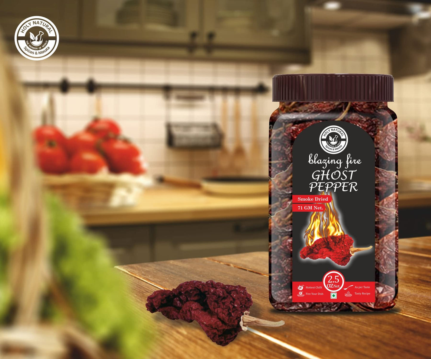 Holy Natural Bhut Jolokia Chilli Whole - 71 gm | Ghost Pepper Pod, Hottest Whole | Smoked Dried & Spicy Chilli Of The World