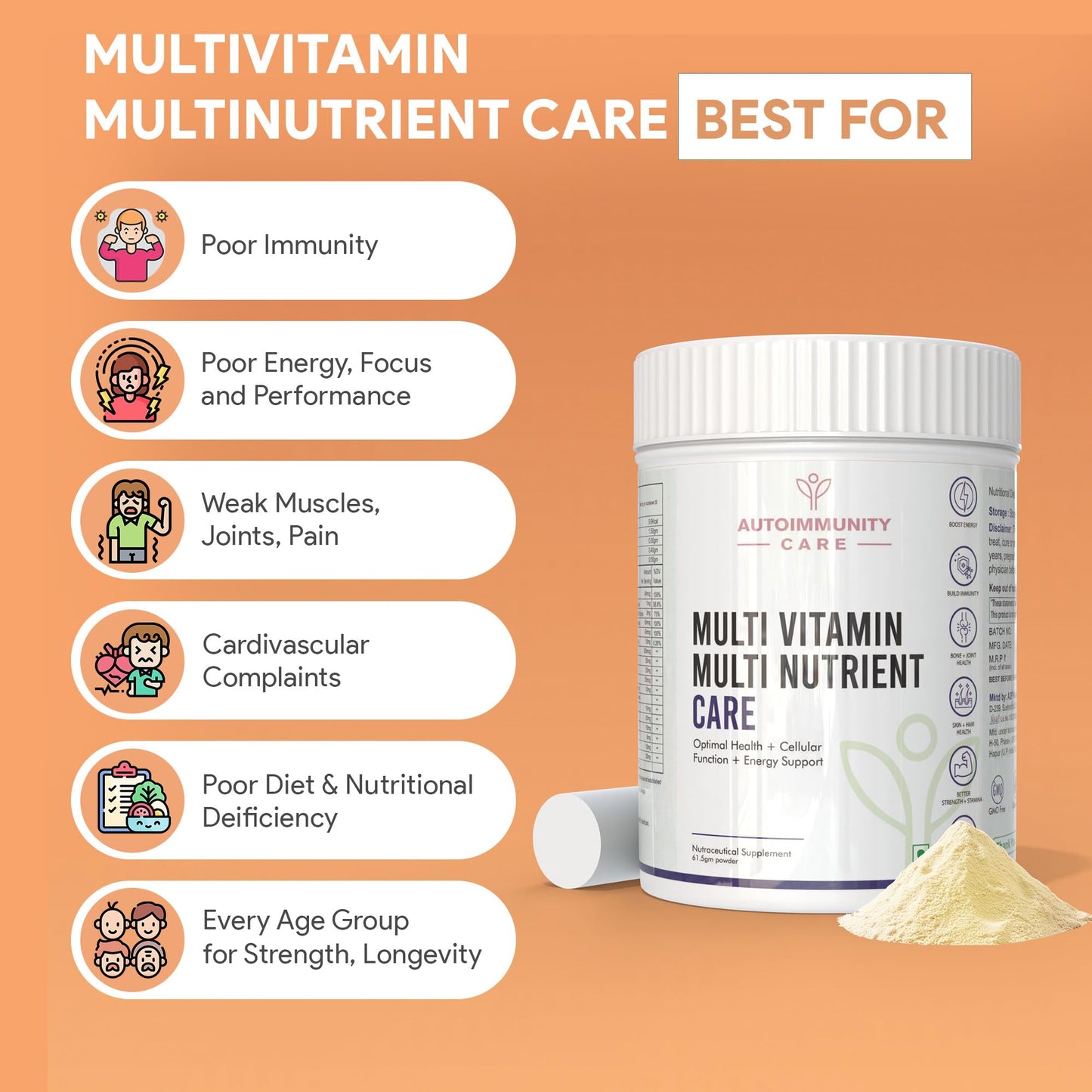 Autoimmunity Care Multi-Vitamin Multi Nutrient Care - Daily Multivitamin with A, D, E, K, B-Complex, C, Multiminerals, Micronutrients for Optimal Health, Cellular Function, Energy Support