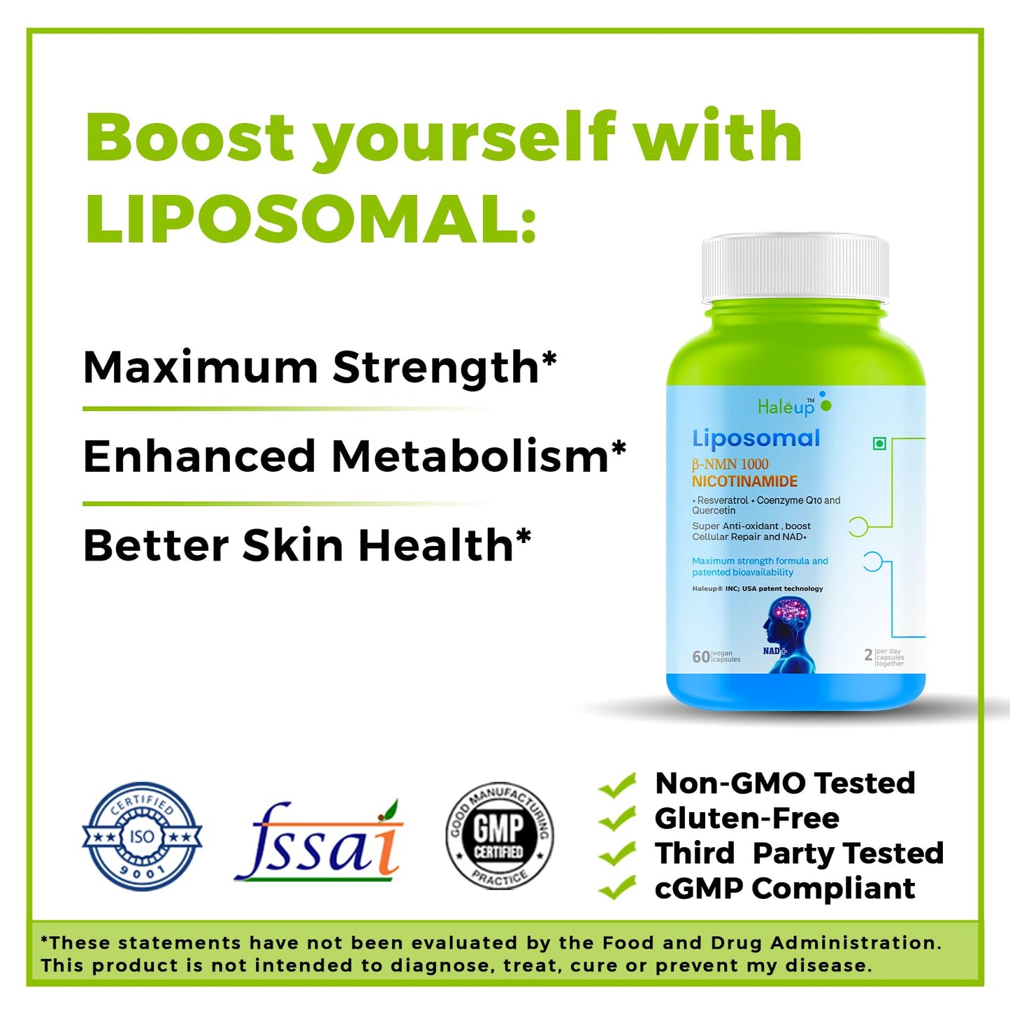 Haleup Liposomal NMN 1000 mg 3-in-1 Formula, Enriched with Resveratrol, Quercetin and CoQ10 |99.9% Pure |Healthy Ageing|Cellular Repair|Boost NAD+| Energy Levels| Skin Health (Pack of 4)