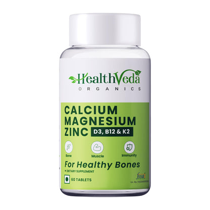 HEALTH VEDA ORGANICS PRIVATE LIMITED Calcium, Magnesium, Zinc with Vitamin D3 & B12, 1000mg I 60 Veg Tablets | Support Strong Bones, Joints & Muscles | For Both Men & Women