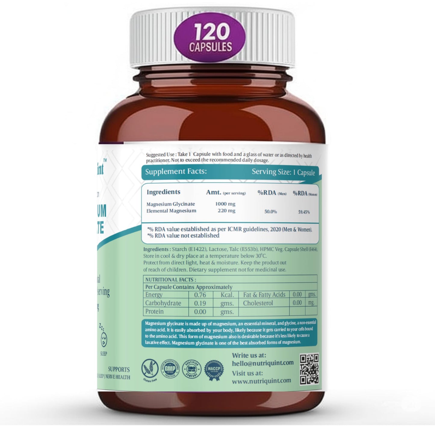 NutriQuint Magnesium Glycinate 1000 mg – High Absorption – 220mg Elemental Magnesium per Serving – 120 Veg Capsules – Non-Laxative, Muscle, Sleep & Nerve Support – Made in India