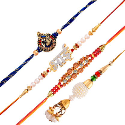 Set of 4 Rakhi for brother with Gift Set Chocolates, Set of 4 Rakhi for brother Combo,Rakhi gift for brother,Rakhi for brother with gift,Greeting Card,Roli, Chawal, Chandan, Misri Combo