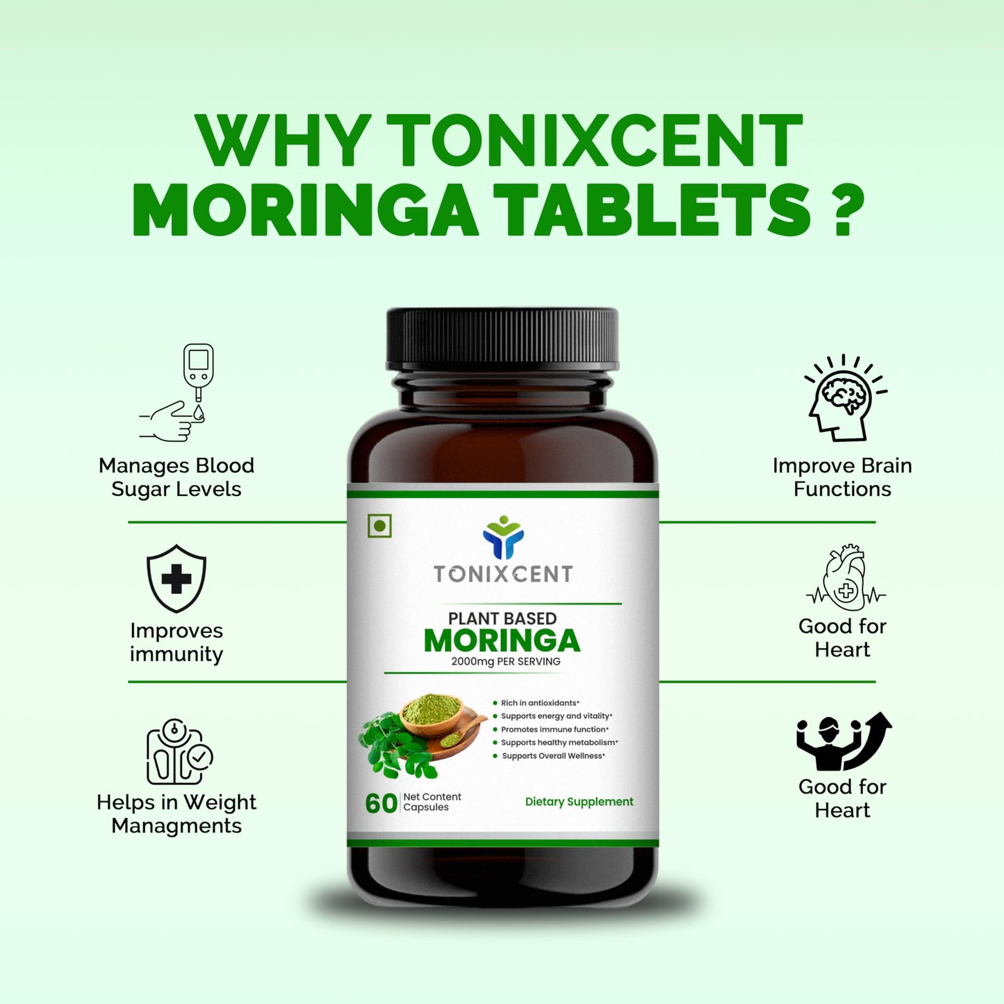TONIXCENT Super Green Vitals Combo | Moringa 2000mg + Spirulina 2600mg Per Serving | 90 Nutrients, 46 Antioxidants | Immunity, Energy, Detox & Wellness Support | 2 x 60 Vegan Capsules
