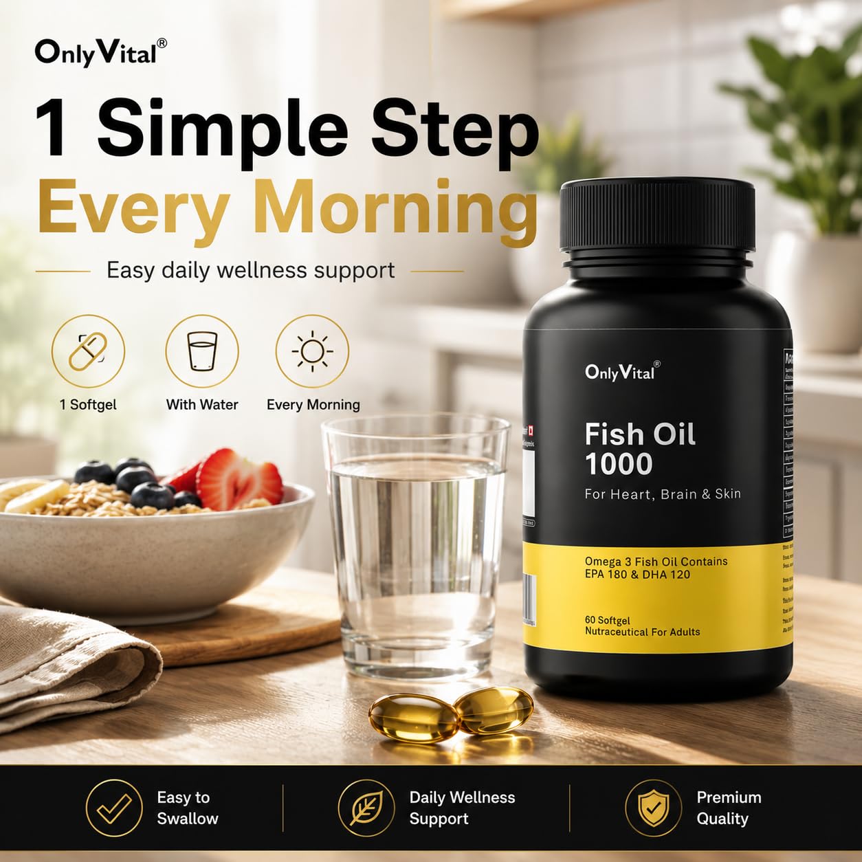 OnlyVital Fish Oil 1000 mg Softgels | Omega 3 with EPA 180 mg & DHA 120 mg | Supports Heart, Brain & Skin Health | Nutraceutical Supplement | 60 Softgels