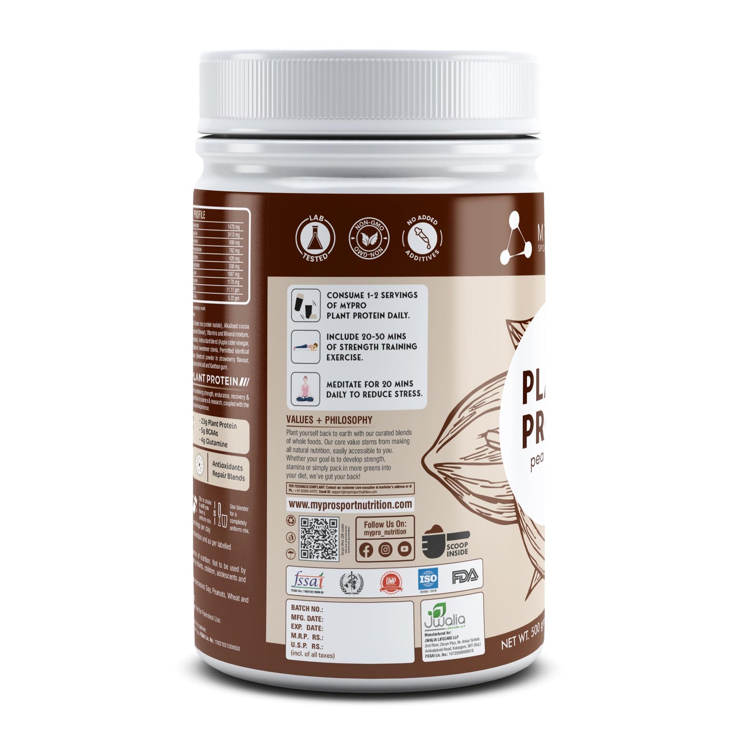 Mypro Sport Nutrition Plant Protein Powder Pea & Brown Rice Protein (23g protein,22 Vitamins & minerals,5g BCAA) Plant Based Vegan Protein Supplement For Men & Women (Alphonso Mango, 500 gm)