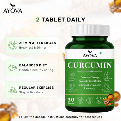Ayova Curcumin Tablet with Garlic Extract and Black Pepper, Sugar-Free -500mg | Supports Joint Health, Inflammation Support & Immunity | Plant-Based Anti-Inflammatory Supplement for Men & Women | 30 Tablet