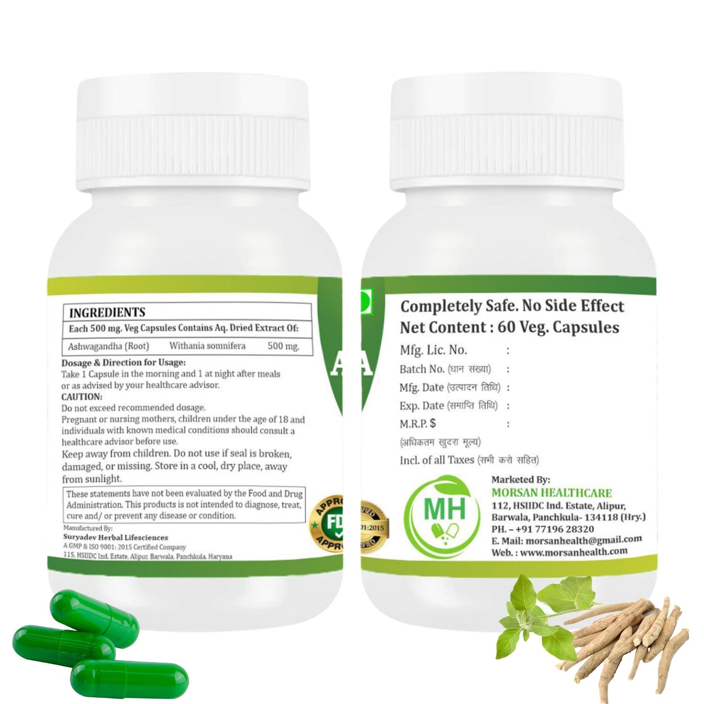 Morsan's Ashwagandha (Withania sominfera) Capsules, Pack of 60 x 500 mg. Veg. Capsules (2)