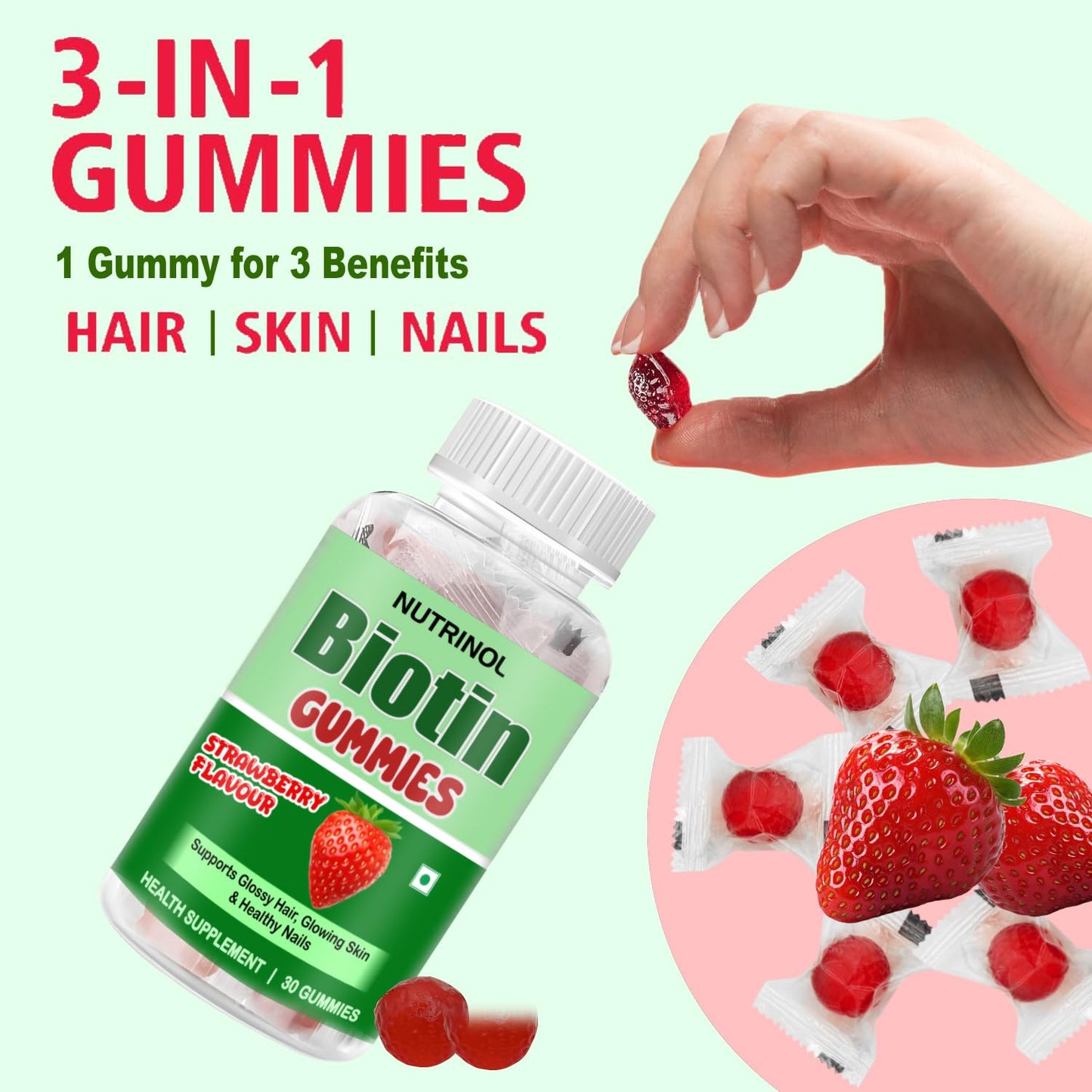 Knoll Healthcare Nutrinol Biotin Hair Gummies (60N) | No Added Sugar | With Biotin, DHT Blockers, Vitamin A, C, E, Fibre & Zinc | For Stronger and Healthier Hair | 100% Veg & Gut Friendly | Strawberry Flavour