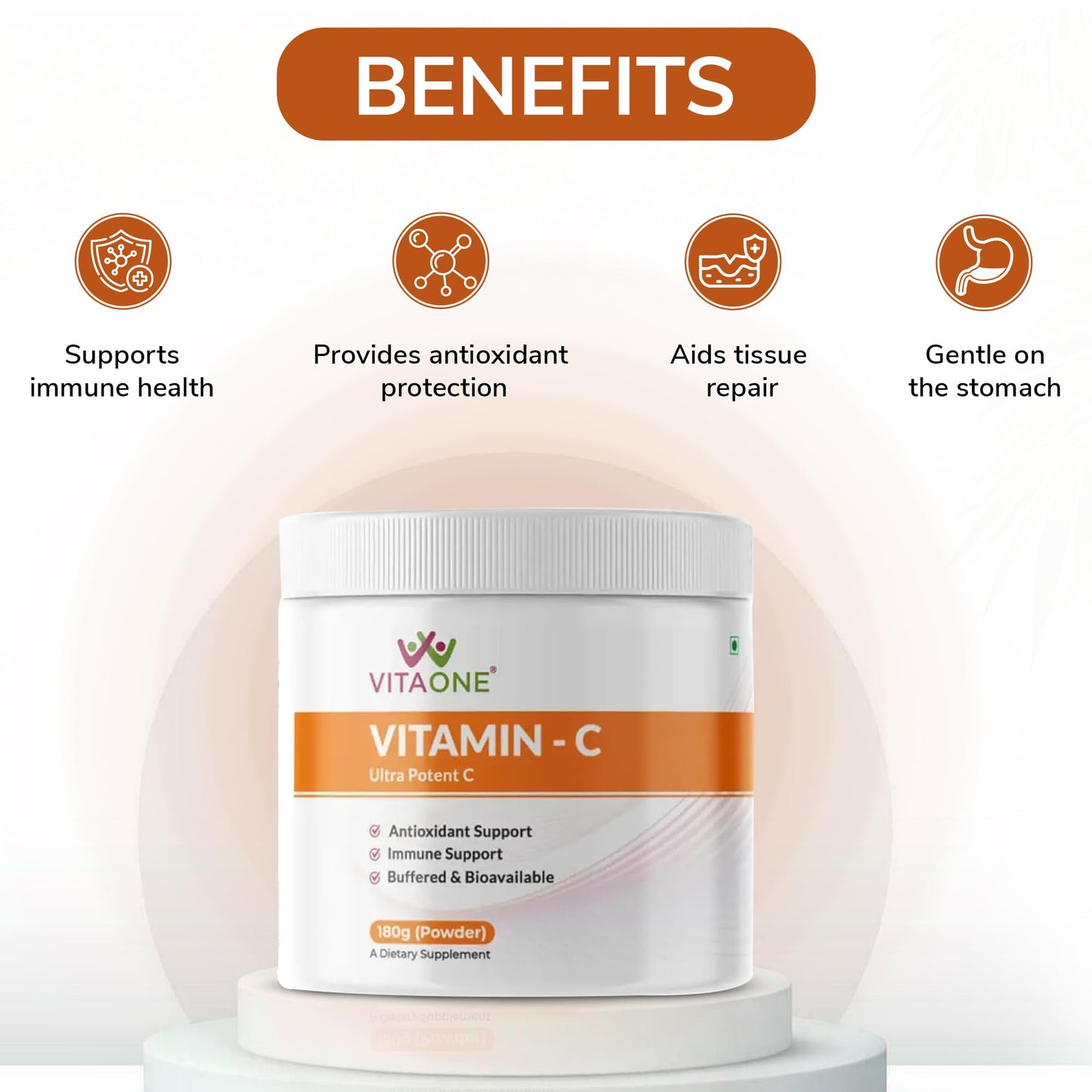 VitaOne Vitamin C Powder 180g – Ultra Potent Buffered Formula Vitamin C Supplement for Immune Support, Antioxidant Support & Collagen Formation – Unflavoured, No Added Sugar