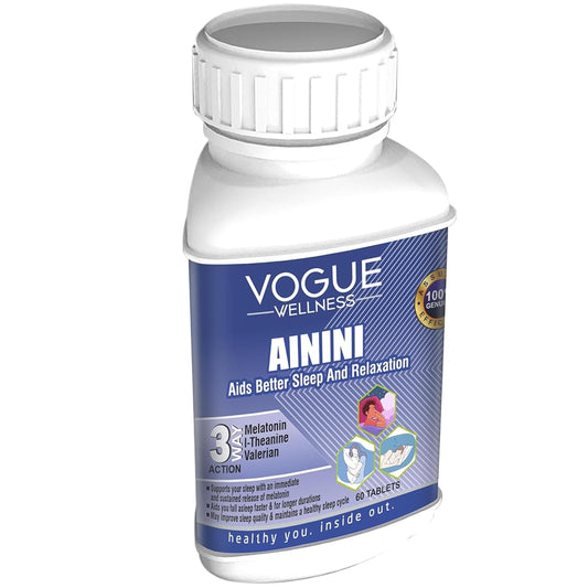 Vogue Wellness AININI Melatonin 5mg with Valerian (Tagar) Extract 50mg | Natural Sleep Support & Relaxation Supplement | Vegetarian Sleeping Aid Tablets (60 Count, Pack of 1)