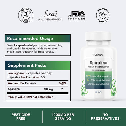 Sukham Spirulina Capsules | 60 Caps | 30 Days | With Essential Aminos, Vitamins & Minerals | Protein Rich Superfood | For Gut & Skin health | Preservative & Pesticide Free | For Men & Women