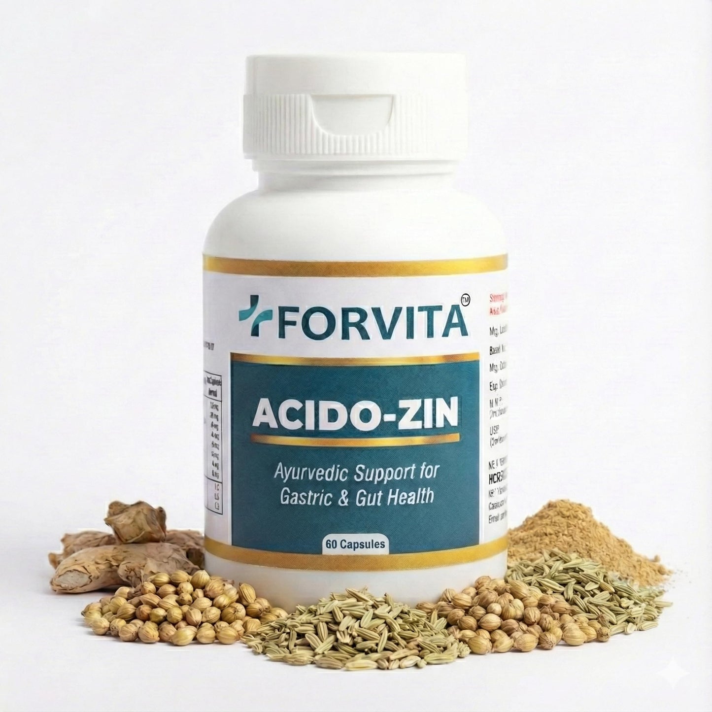 FORVITA Acido-Zin Capsules | Ayurvedic Acidity, Gas & Digestion Support | Active 10:1 Herbal Extracts | Helps Relieve Heartburn, Bloating & Indigestion | 60 Capsules