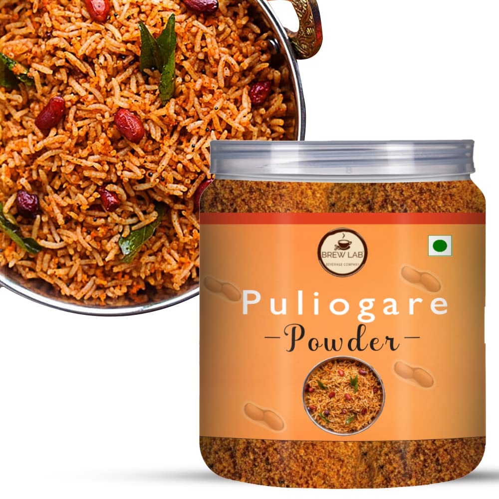 Brew Lab Authentic South Indian Masala Puliogare Powder for Pulihora or Tamarind Rice | For Puliyodharai Preparation | Tangy and Spicy | Udupi Rich Taste and Flavor-250 gm