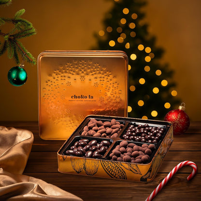 Chokola Cosmos Premium Chocolate Hamper 400g – Dark Chocolate Coated Almonds & Assorted Nuts Dragees | Chocolate Dryfruits Gift Box | Festive Chocolate Gift Box