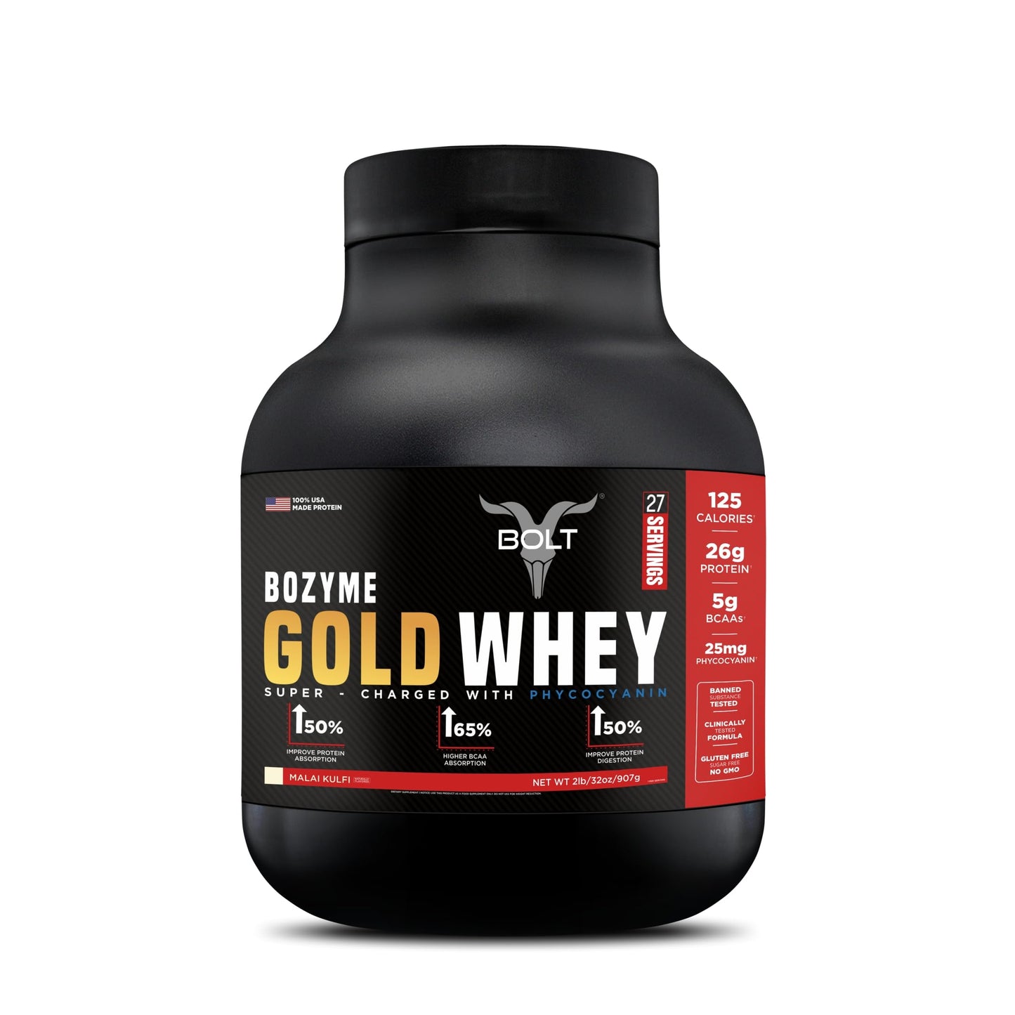 Bolt Bozyme Gold Whey Potein Powder With Superfood Phycocyanin | 26 gm protein | 5g BCAA| 2lb/907gm (27 Servings) | Malai Kulfi