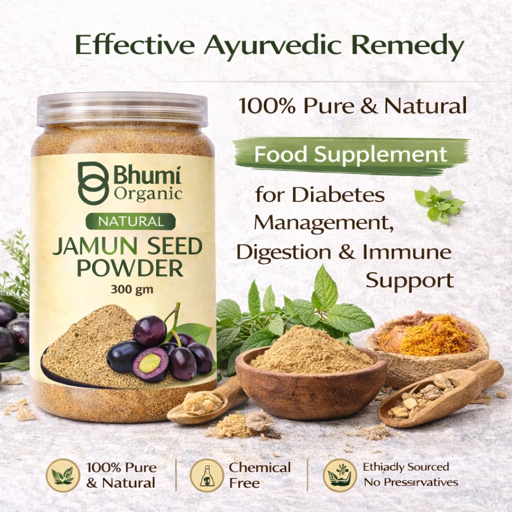 Bhumi Organic Ayurveda Jamun Seed Powder for Diabetes - 500 Grams - Herbal Supplement - Pure Jamun Seeds