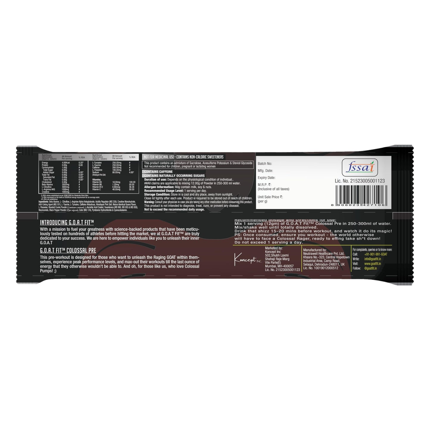 GOAT Fit Colossal Pre | PreWorkout Powder 200mg Caffeine 3.5g Beta-Alanine 3g Citrulline 1.5g Arginine 1g Creatine with Himalayan Pink Salt (12gm Single Serving, Masala Lemonade)