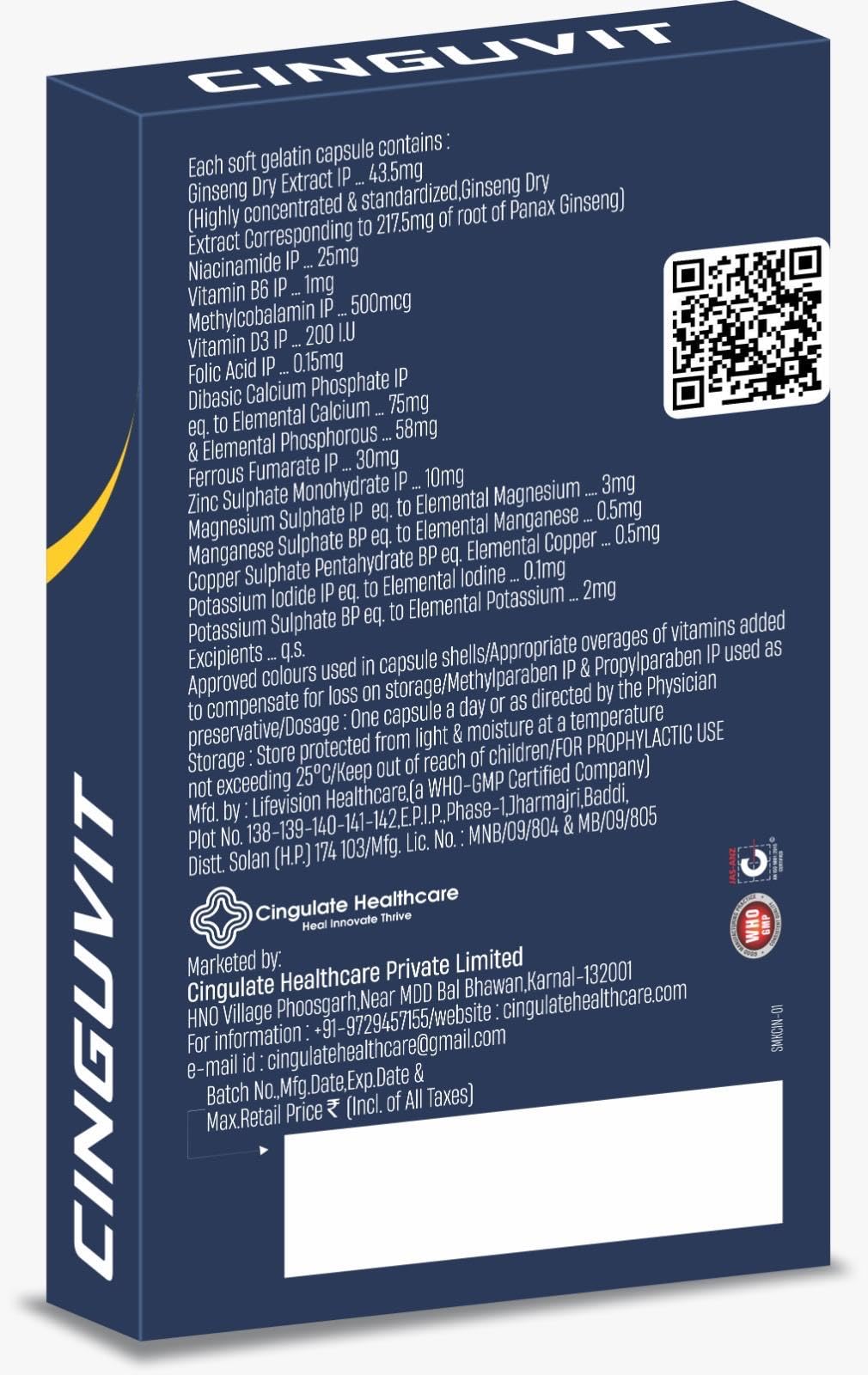 Cinguvit Multivitamin enriched with Ginseng, Methylcobalamin, Vitamin D3, Zinc, Magnesium, and Folic Acid (20 Capsules)