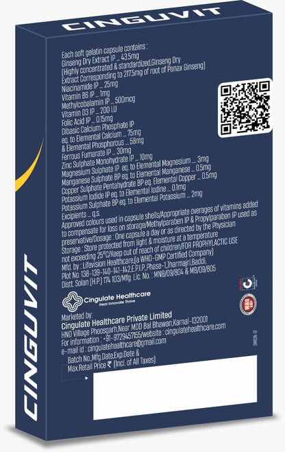 Cinguvit Multivitamin enriched with Ginseng, Methylcobalamin, Vitamin D3, Zinc, Magnesium, and Folic Acid (20 Capsules)