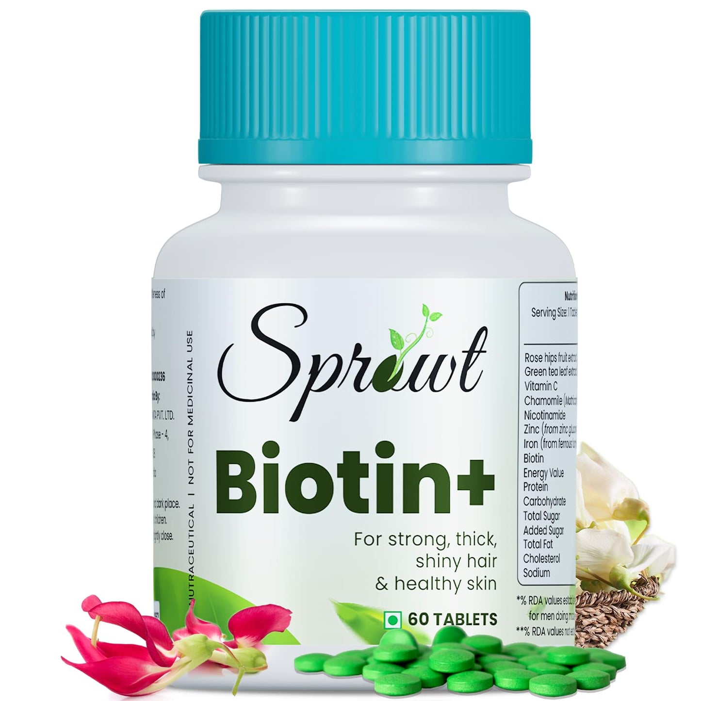 Sprowt Biotin + Tablet | Supplement For Strong Thick Hair & Glowing Skin | Improve the Energy Level | With Vitamin C, Green tea, Rosehip Extracts | Men & Women | 60 Biotin Veg Tablets