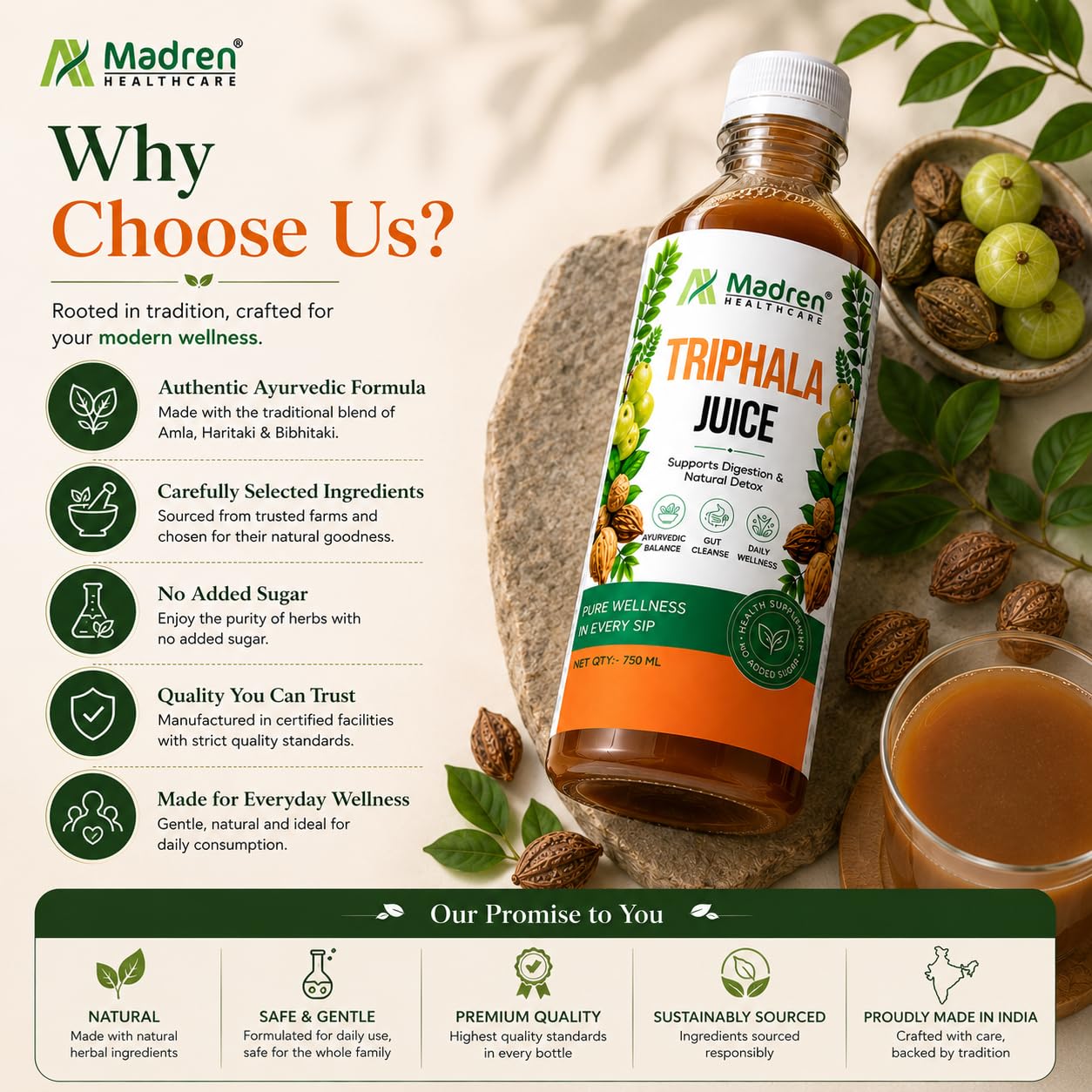 Madren Healthcare Ayurvedic Triphala Juice 750ml | Amla, Baheda & Haritaki Blend | Supports Digestion, Gut Health, Detox & Immunity | Zero Added Sugar | Natural Ayurvedic Herbal Juice | Vegetarian | For Men & Women