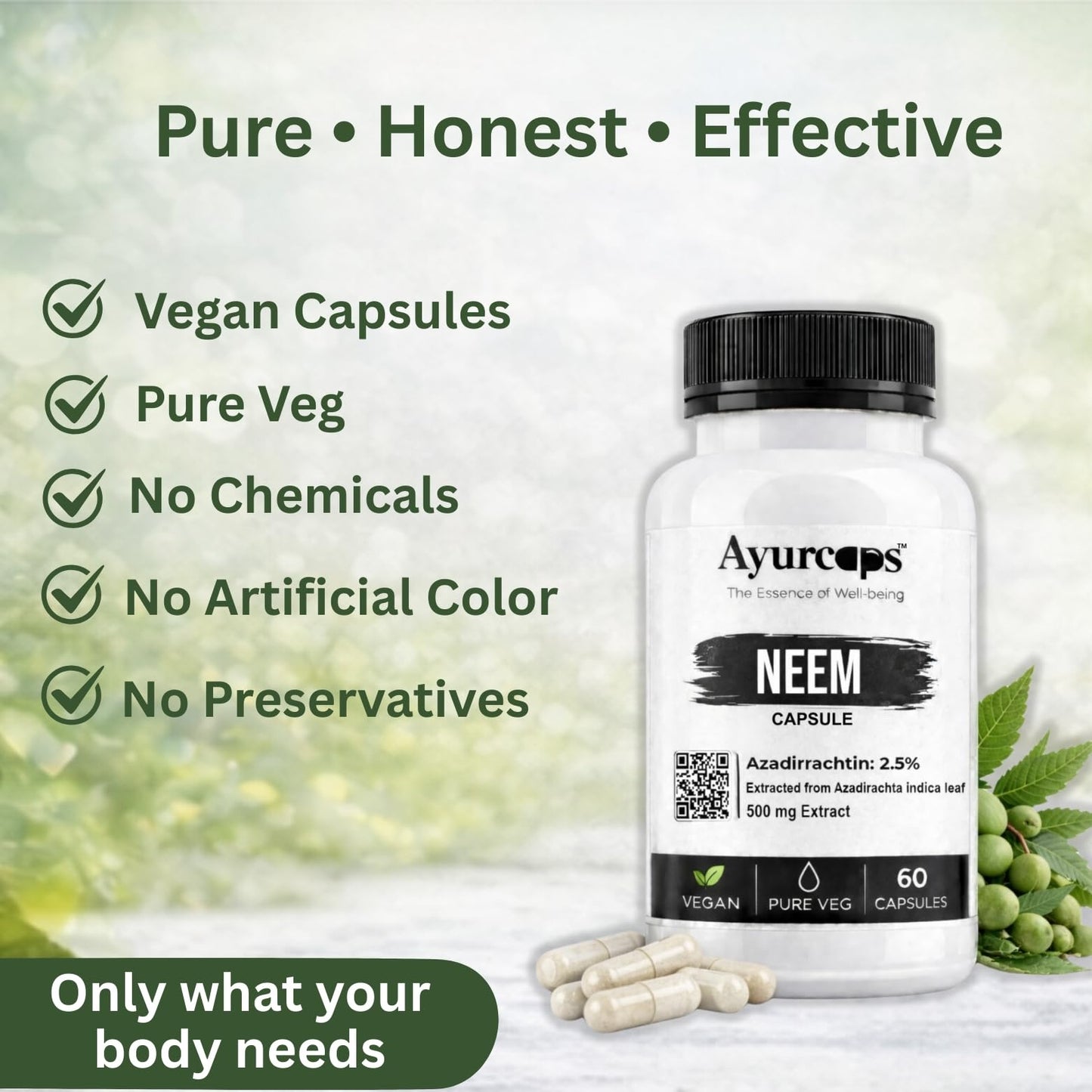 Ayurcaps Neem Supplement 500mg 60 Veg Capsules | Herbal Neem Extract For Skin Wellness, Detox Support And Immune Support | Supports Healthy Skin And Digestive Balance