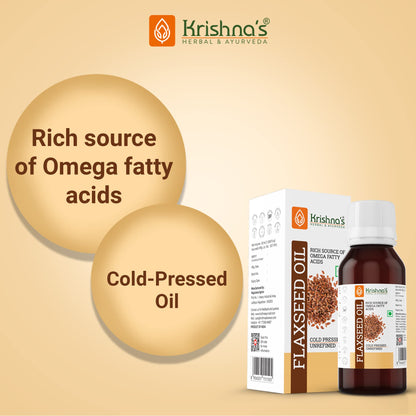 Krishna's Flaxseed Oil (50 ml)(Pack of 2) | Virgin Cold Pressed Flex seed oil | Rich in Omega 3-6-9 | Made in Kachi Ghani