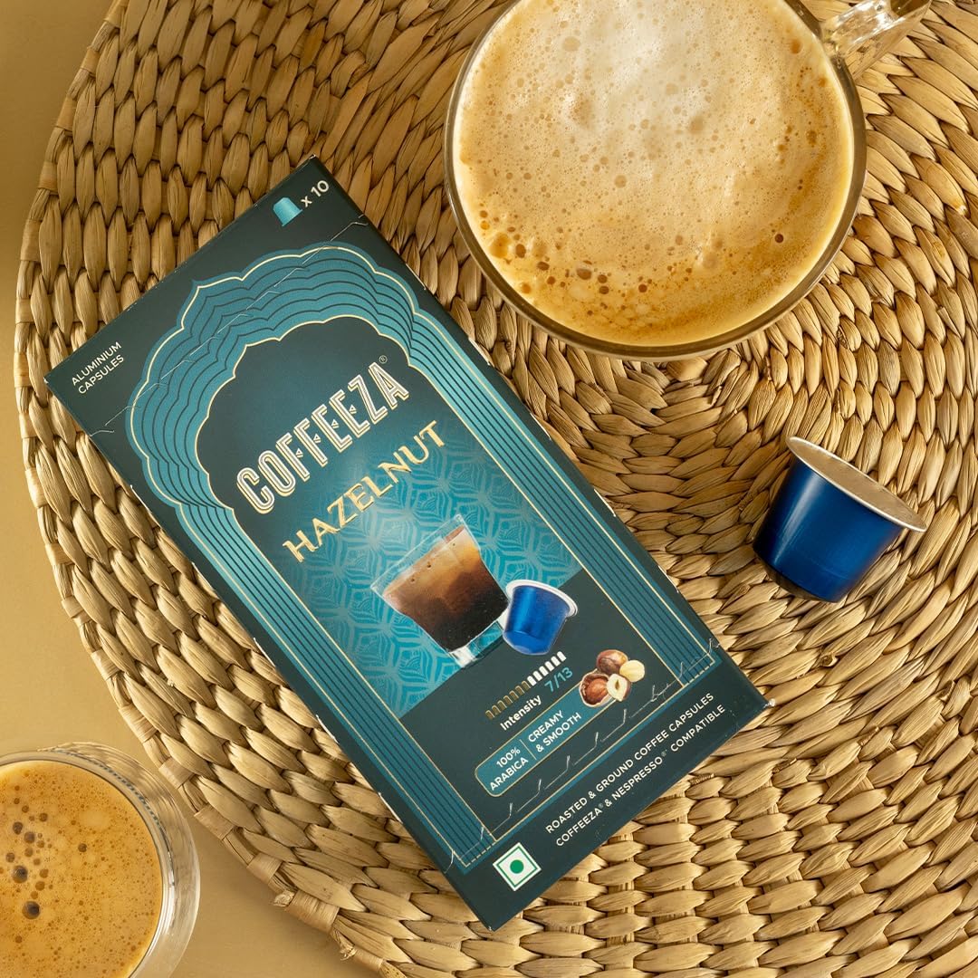 Coffeeza Hazelnut Flavoured Aluminium Coffee Capsules, Intensity - 7 |100% Arabica | Nespresso Compatible Coffee Pods | Box of 1 (10 Capsules)