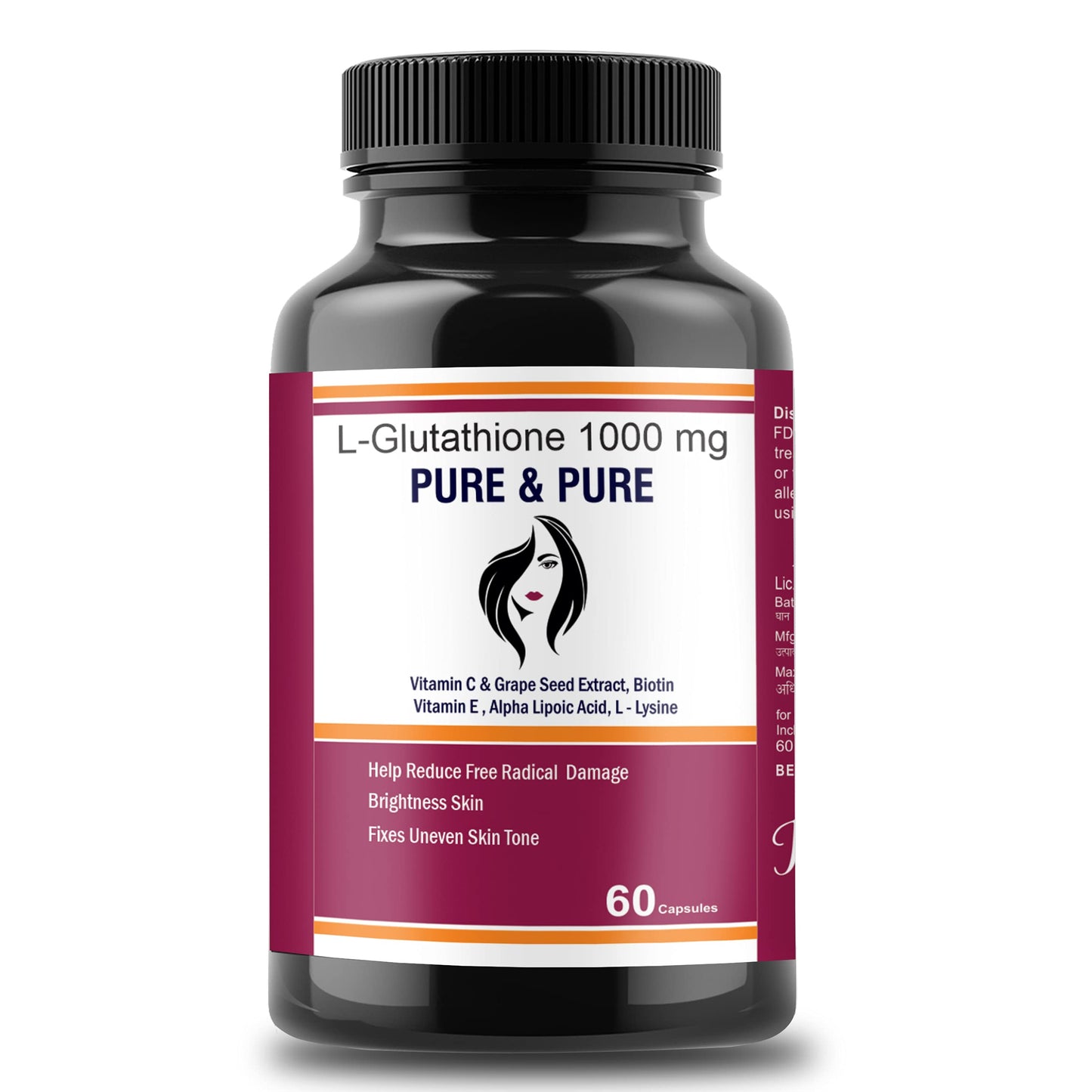 Pure & Pure Healthcare L-Glutathione Capsules 1000mg with Vitamin E and C For GlowingSkin( Pack of 1 )60 capsules