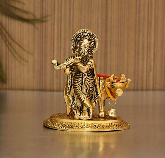Collectible India Lord Cow Krishna Idol Statue murti Krishan with Kamdhenu Hindu