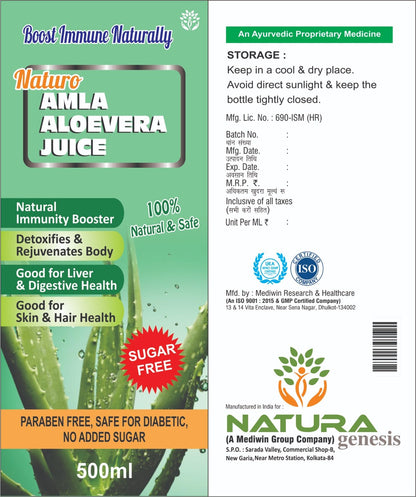 MEDIWIN LABORATORIES Aloe Vera Amla Syrup – Cold‑Pressed Herbal Juice for Detox, Digestion, Skin Glow & Hair Health | No Added Sugar, GMP & FSSAI Certified, 500 ml Bottle