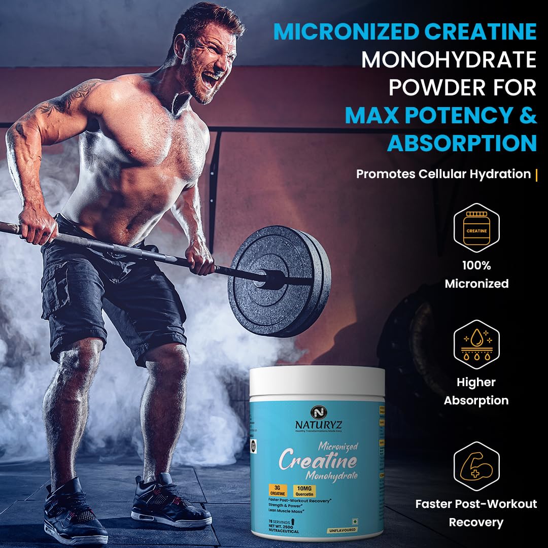 NATURYZ Pure Micronized Creatine Monohydrate | Rapid Absorption | Quercetin | Muscle Strength & Power for Intense Workout | Supports Athletic Performance | Enhances Lean Muscle Volume - 250g(Unflavoured)