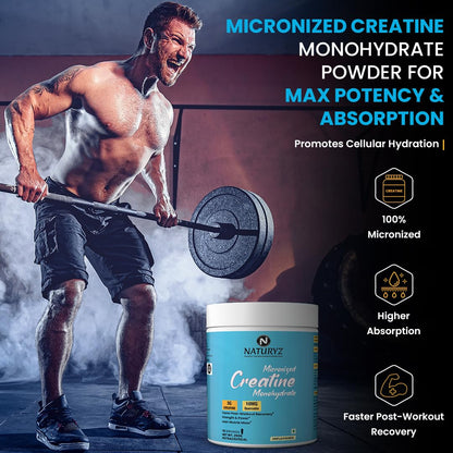 NATURYZ Pure Micronized Creatine Monohydrate | Rapid Absorption | Quercetin | Muscle Strength & Power for Intense Workout | Supports Athletic Performance | Enhances Lean Muscle Volume - 250g(Unflavoured)